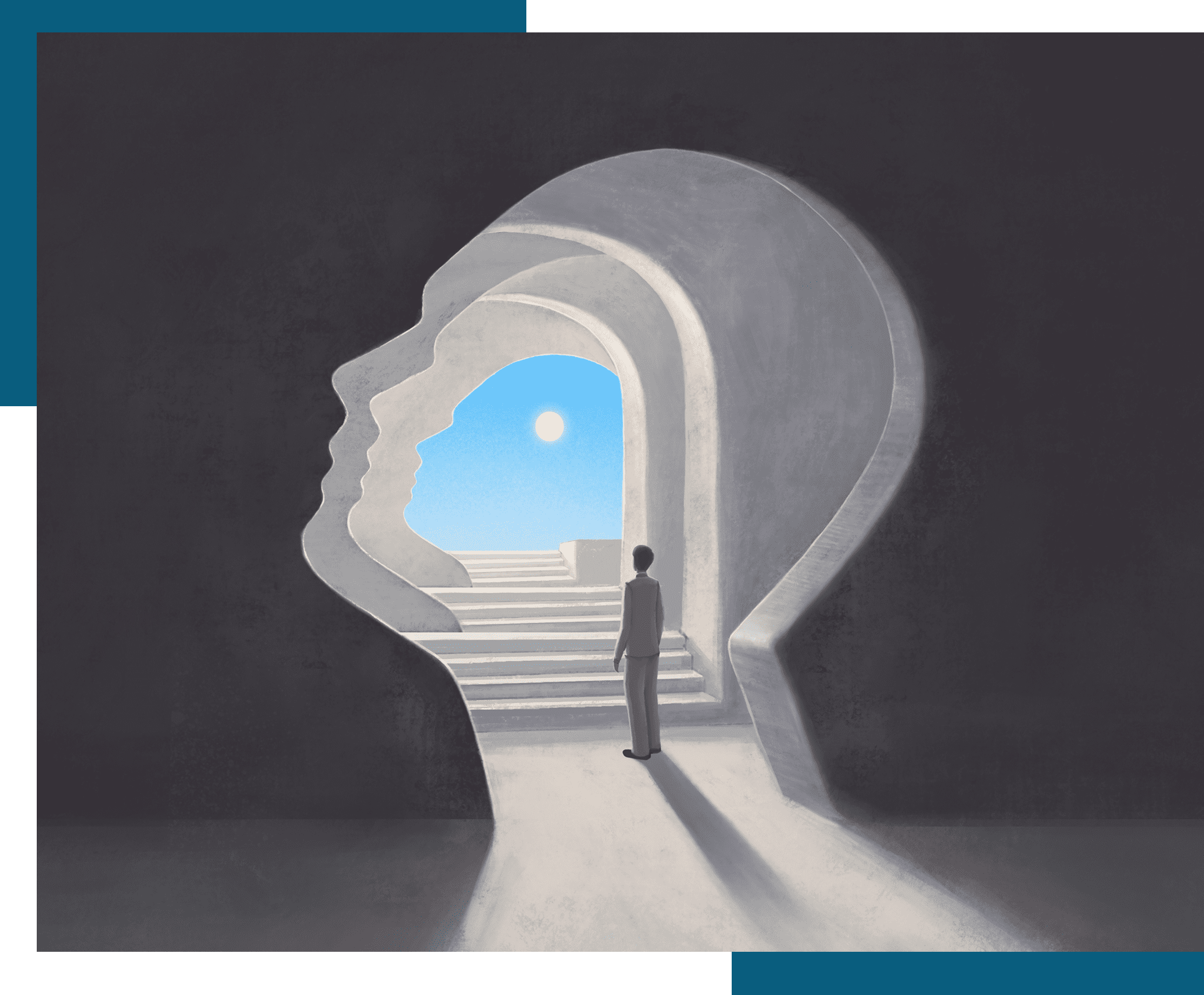 A person stands inside a large head-shaped structure with archways and stairs leading to a bright, blue sky with the sun.