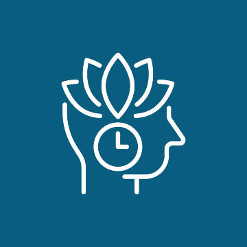 Outline of a human head with a clock inside and a lotus flower above, symbolizing mindfulness and time management, on a blue background.