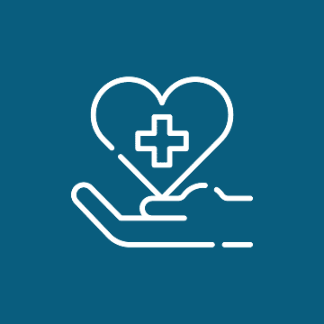 A white outline of a hand holding a heart with a medical cross inside, set against a blue background.