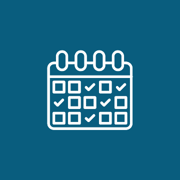 White outline of a calendar with check marks on several dates, shown on a solid teal background.