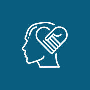 White outline of a human head with a heart-shaped ear formed by a hand, on a solid teal background.