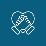 Icon of two hands clasped in a handshake with a heart shape in the background, all outlined in white on a blue background.