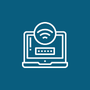 White icon of a laptop with a password field and a wireless signal symbol on a blue background, suggesting online or wireless login.