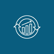 White icon of a bar chart with an upward arrow inside a circular arrow on a blue background, representing growth or progress.